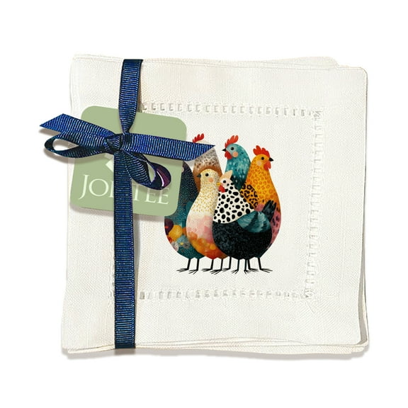 Jolitee Decorative Hemstitch Cocktail Napkins, 6"x6" Washable Linen-Like Cloth Napkins, Handmade for Entertaining and Everyday Use (Colorful Chickens)