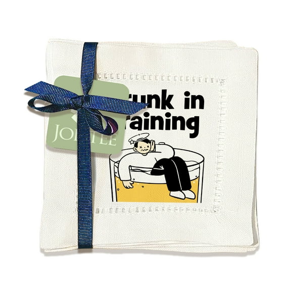 Jolitee Decorative Hemstitch Cocktail Napkins, 6"x6" Washable Linen-Like Cloth Napkins, Handmade for Entertaining and Everyday Use (Drunk In Training)