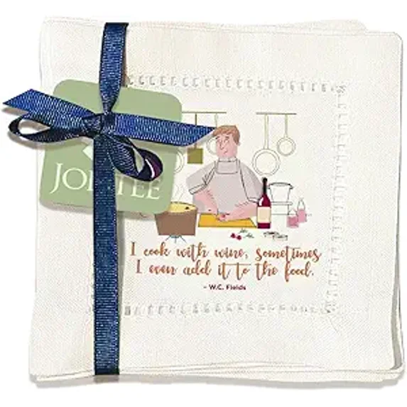 Jolitee Decorative Hemstitch Cocktail Napkins, 6"x6" Washable Linen-Like Cloth Napkins, Handmade for Entertaining and Everyday Use (I Cooked With Wine)