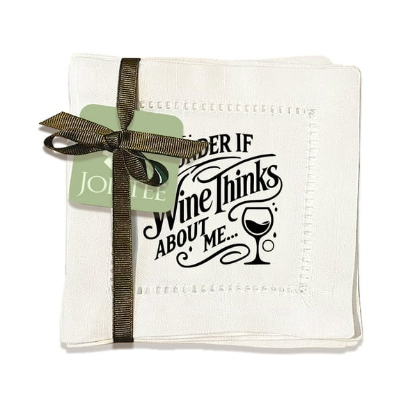 Jolitee 6"x6" Hemstitch Cocktail Napkins, Linen-Like & Washable (I Wonder if Wine Thinks About Me)