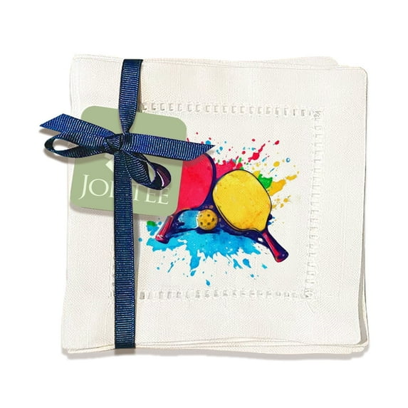 Jolitee Decorative Hemstitch Cocktail Napkins, 6"x6" Washable Linen-Like Cloth Napkins, Handmade for Entertaining and Everyday Use (Pickleball Splash)