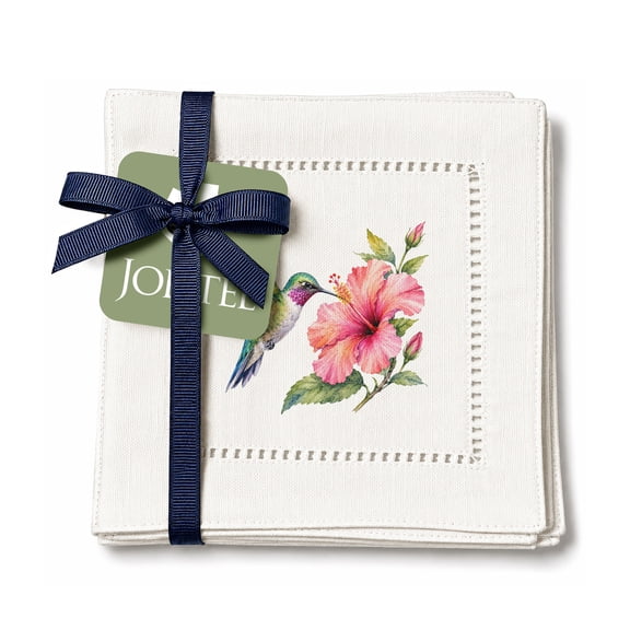 Jolitee Decorative Hemstitch Cocktail Napkins, 6"x6" Washable Linen-Like Cloth Napkins, Handmade for Entertaining and Everyday Use (Starter Set HummingBird)
