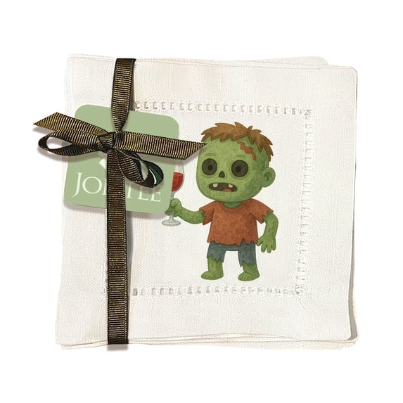 Jolitee Decorative Hemstitch Cocktail Napkins, 6"x6" Washable Linen-Like Cloth Napkins, Handmade for Holiday Entertaining & Everyday Use (Watercolor Zombie, Set of 6)