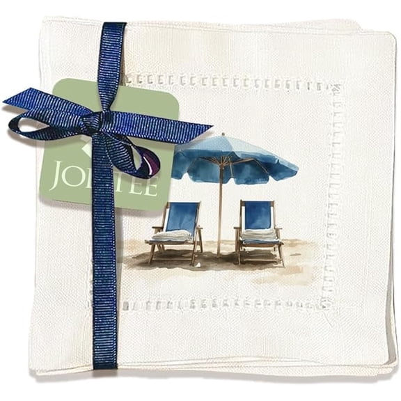 Jolitee Decorative Hemstitch Cocktail Napkins, 6"x6" Washable Linen-Like Cloth Napkins, Handmade for Entertaining and Everyday Use (Beach Chairs)