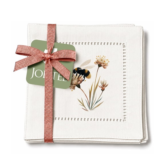 Jolitee Decorative Hemstitch Cocktail Napkins, 6"x6" Washable Linen-Like Cloth Napkins, Handmade for Entertaining and Everyday Use (Bee Flower)