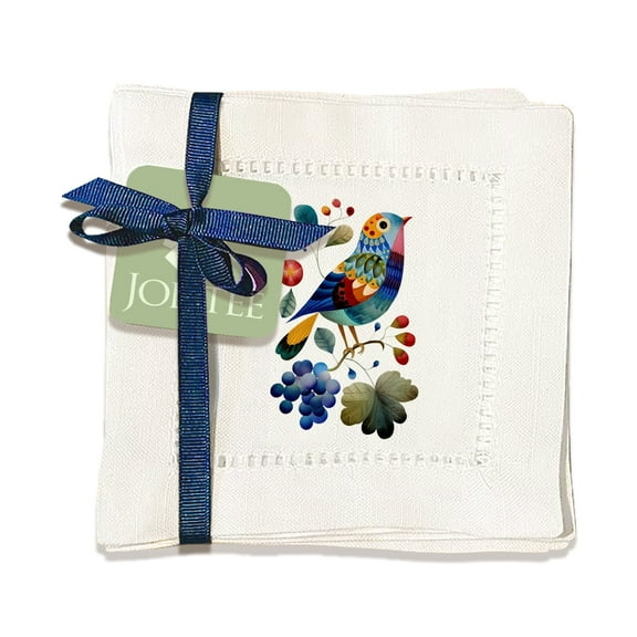 Jolitee Decorative Hemstitch Cocktail Napkins, 6"x6" Washable Linen-Like Cloth Napkins, Handmade for Entertaining and Everyday Use (Bird Collage)