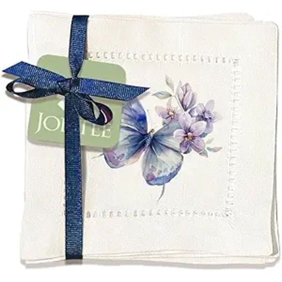 Jolitee Decorative Hemstitch Cocktail Napkins, 6"x6" Washable Linen-Like Cloth Napkins, Handmade for Entertaining and Everyday Use (Butterfly)