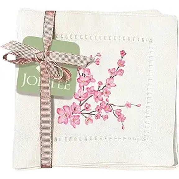 Jolitee Decorative Hemstitch Cocktail Napkins, 6"x6" Washable Linen-Like Cloth Napkins, Handmade for Entertaining and Everyday Use (Cherry Blossom)