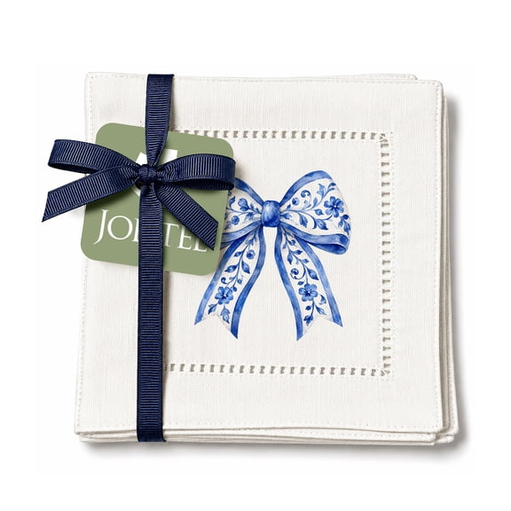 Jolitee Decorative Hemstitch Cocktail Napkins, 6"x6" Washable Linen-Like Cloth Napkins, Handmade for Entertaining and Everyday Use (Chinoiserie Bow)