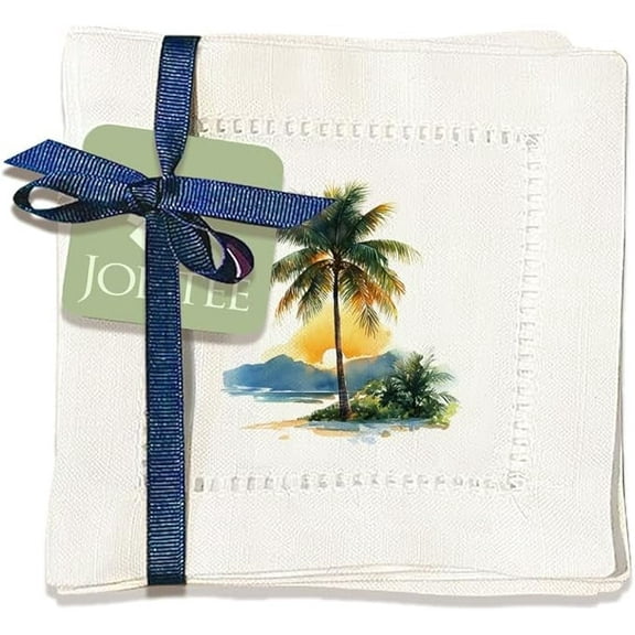 Jolitee Decorative Hemstitch Cocktail Napkins, 6"x6" Washable Linen-Like Cloth Napkins, Handmade for Entertaining and Everyday Use (Coconut Tree)