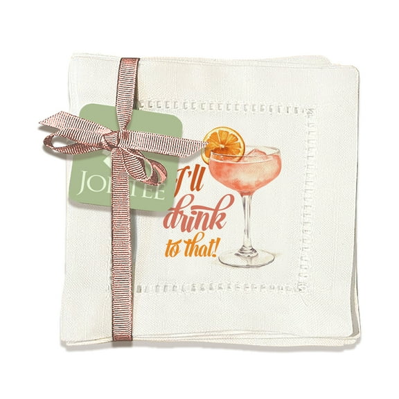 Jolitee Decorative Hemstitch Cocktail Napkins, 6"x6" Washable Linen-Like Cloth Napkins, Handmade for Entertaining and Everyday Use (Drink to That)