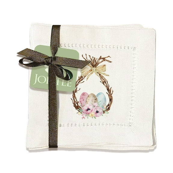Jolitee Decorative Hemstitch Cocktail Napkins, 6"x6" Washable Linen-Like Cloth Napkins, Handmade for Entertaining and Everyday Use (Egg Wreath)