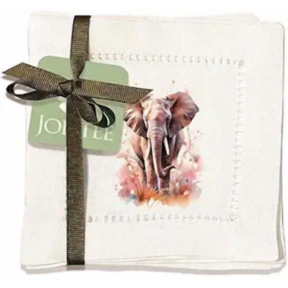Jolitee Decorative Hemstitch Cocktail Napkins, 6"x6" Washable Linen-Like Cloth Napkins, Handmade for Entertaining and Everyday Use (Elephant)