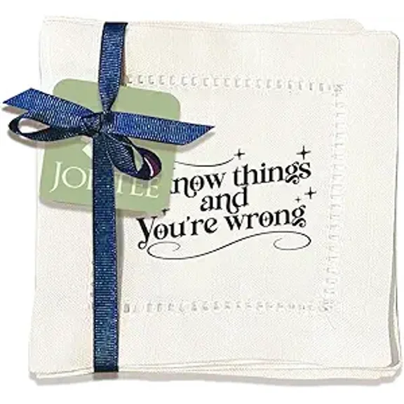 Jolitee Decorative Hemstitch Cocktail Napkins, 6"x6" Washable Linen-Like Cloth Napkins, Handmade for Entertaining and Everyday Use (I know Things)