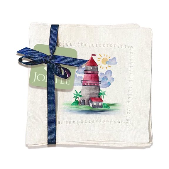 Jolitee Decorative Hemstitch Cocktail Napkins, 6"x6" Washable Linen-Like Cloth Napkins, Handmade for Entertaining and Everyday Use (Lighthouse)