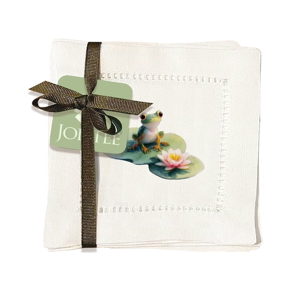 Jolitee Decorative Hemstitch Cocktail Napkins, 6"x6" Washable Linen-Like Cloth Napkins, Handmade for Entertaining and Everyday Use (Lily Pad Frog)
