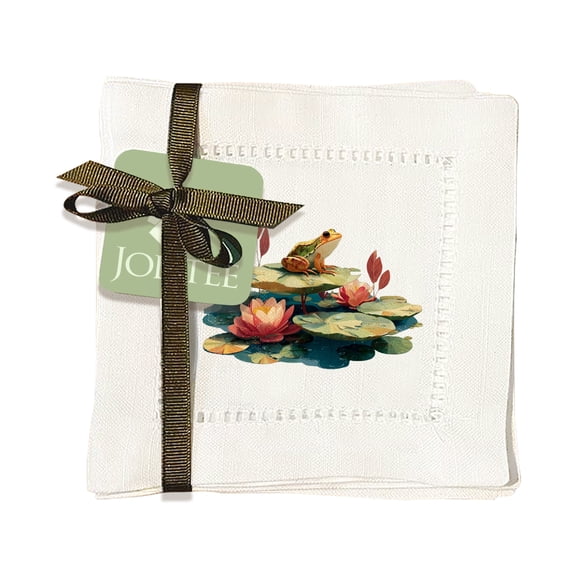 Jolitee Decorative Hemstitch Cocktail Napkins, 6"x6" Washable Linen-Like Cloth Napkins, Handmade for Entertaining and Everyday Use (Lotus Frog)