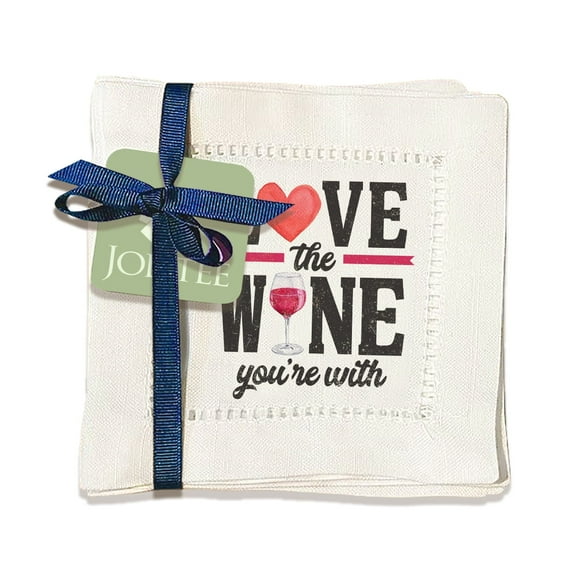 Jolitee Decorative Hemstitch Cocktail Napkins, 6"x6" Washable Linen-Like Cloth Napkins, Handmade for Entertaining and Everyday Use (Love The Wine)