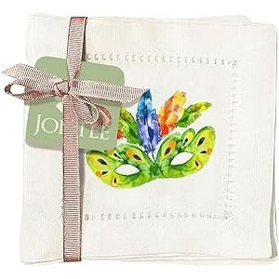 Jolitee Decorative Hemstitch Cocktail Napkins, 6"x6" Washable Linen-Like Cloth Napkins, Handmade for Entertaining and Everyday Use (Mardi Gras Mask)