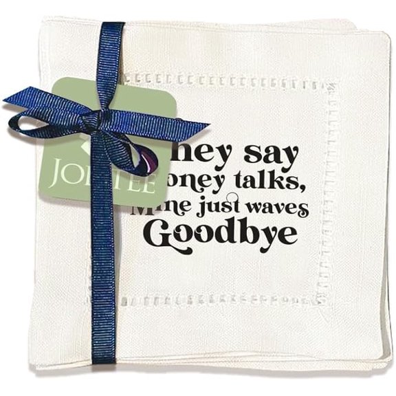 Jolitee Decorative Hemstitch Cocktail Napkins, 6"x6" Washable Linen-Like Cloth Napkins, Handmade for Entertaining and Everyday Use (Money Talks)