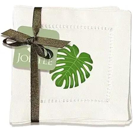 Jolitee Decorative Hemstitch Cocktail Napkins, 6"x6" Washable Linen-Like Cloth Napkins, Handmade for Entertaining and Everyday Use (Monstera)