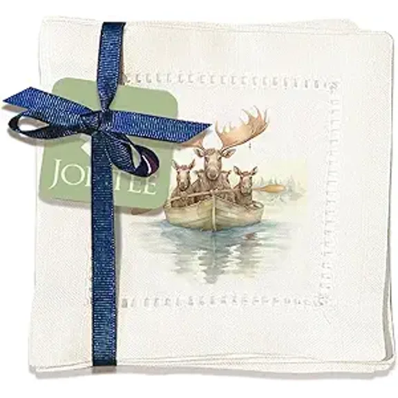 Jolitee Decorative Hemstitch Cocktail Napkins, 6"x6" Washable Linen-Like Cloth Napkins, Handmade for Entertaining and Everyday Use (Mooses on Boat)
