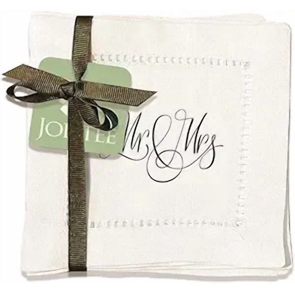 Jolitee Decorative Hemstitch Cocktail Napkins, 6"x6" Washable Linen-Like Cloth Napkins, Handmade for Entertaining and Everyday Use (Mr and Mrs)