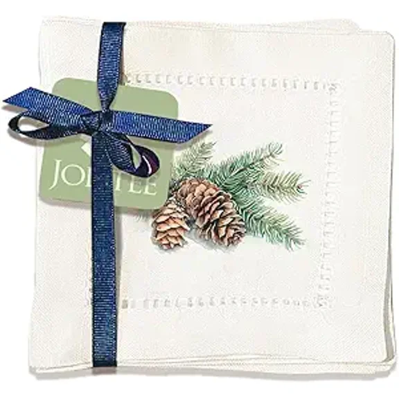 Jolitee Decorative Hemstitch Cocktail Napkins, 6"x6" Washable Linen-Like Cloth Napkins, Handmade for Entertaining and Everyday Use (Pine Cones)