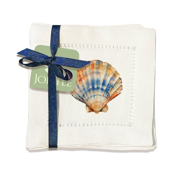 Jolitee Decorative Hemstitch Cocktail Napkins, 6"x6" Washable Linen-Like Cloth Napkins, Handmade for Entertaining and Everyday Use (Scallop Shell)