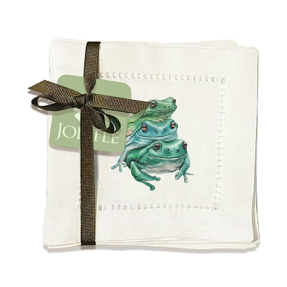 Jolitee Decorative Hemstitch Cocktail Napkins, 6"x6" Washable Linen-Like Cloth Napkins, Handmade for Entertaining and Everyday Use (Three Frogs)