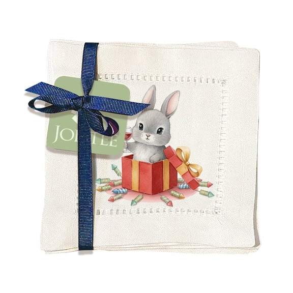 Jolitee Decorative Hemstitch Cocktail Napkins, 6"x6" Washable Linen-Like Cloth Napkins, Handmade for Entertaining and Everyday Use (Watercolor Bunny)