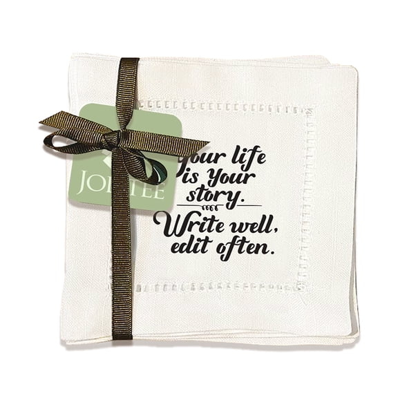 Jolitee Decorative Hemstitch Cocktail Napkins, 6"x6" Washable Linen-Like Cloth Napkins, Handmade for Entertaining and Everyday Use (Your Life)