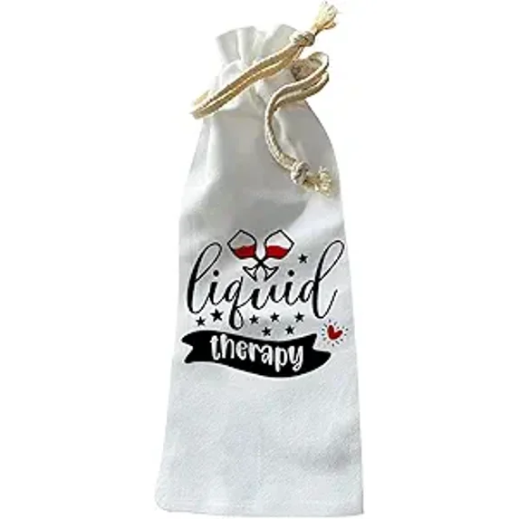 Jolitee “Liquid Therapy” Wine Bottle Gift Bag – Reusable Drawstring Canvas Bag with Star Accents and Cheerful Script – Fun Host Gift for Relaxing Evenings