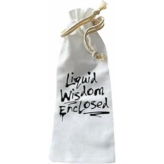 Jolitee “Liquid Wisdom Enclosed” Wine Bottle Gift Bag – Reusable Drawstring Canvas Bag with Handwritten Script – Humorous Host Gift for Wine Lovers and Party Guests