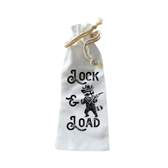 Jolitee “Lock & Load” Bottle Gift Bag – Reusable Drawstring Canvas Bag with Statement Phrase – Edgy Gift for Themed Parties, Hosts, or Whiskey Fans