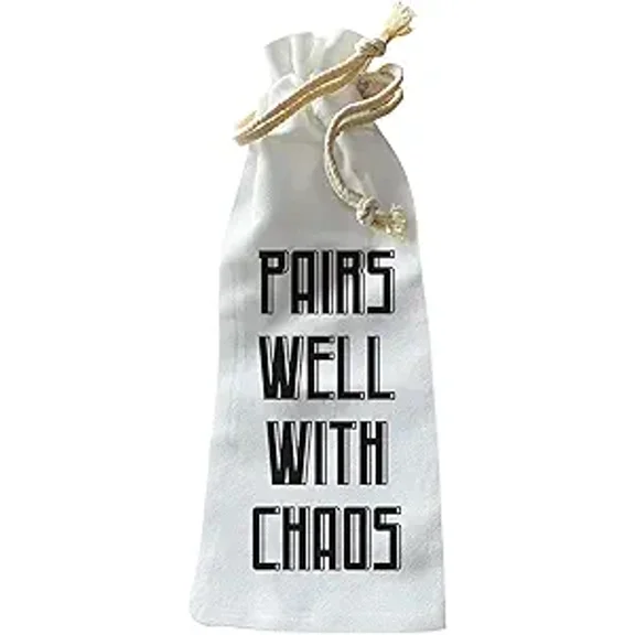 Jolitee “Pairs Well with Chaos” Wine Gift Bag – Reusable Canvas Drawstring with Bold Font – Funny Gift for Wine Lovers