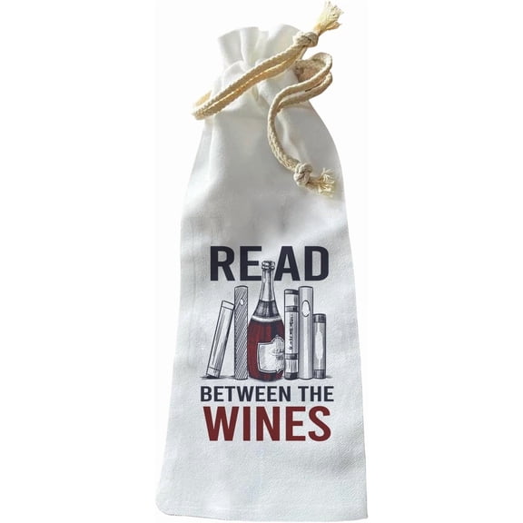 Jolitee “Read Between the Wines” Bottle Gift Bag – Reusable Drawstring Canvas Bag with Playful Wordplay – Funny Host Gift for Wine Lovers and Entertaining