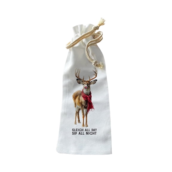Jolitee Reusable Canvas Wine Bottle Gift Bag – “Sleigh All Day” – Cozy Reindeer Holiday Bottle Wrap