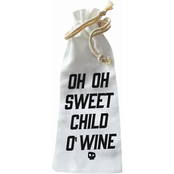 Jolitee “Sweet Child of Wine” Wine Bottle Gift Bag – Reusable Drawstring Canvas Bag with Classic Rock-Inspired Text – Funny Host Gift for Music Lovers and Wine Fans