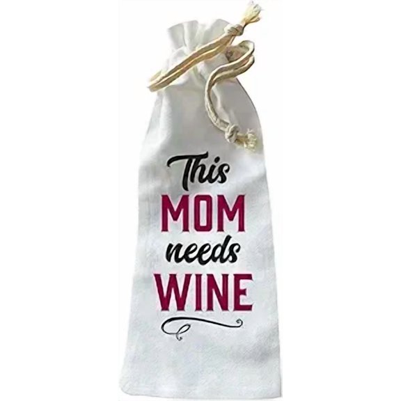 Jolitee “This Mom Needs Wine” Wine Bottle Gift Bag – Reusable Drawstring Canvas Bag with Playful Parenting Phrase – Fun Gift for Tired Moms or Mom Friends