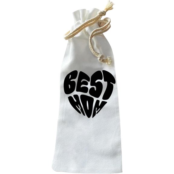 Jolitee Wine Bottle Gift Bag – Reusable Drawstring Canvas Bag with Best Mom Groovy Heart Design – Thoughtful Mother’s Day or Birthday Gift for Moms