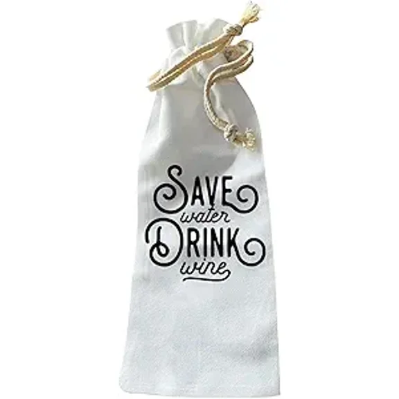 Jolitee Wine Bottle Gift Bag – Reusable Drawstring Canvas Bag with “Save Water Drink Wine” Script – Whimsical Host Gift for Wine Lovers
