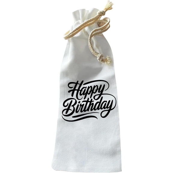 Jolitee Wine Bottle Gift Bag – Reusable Drawstring Canvas Bag with Script “Happy Birthday” Print – Festive Host Gift for Parties or Wine Lovers