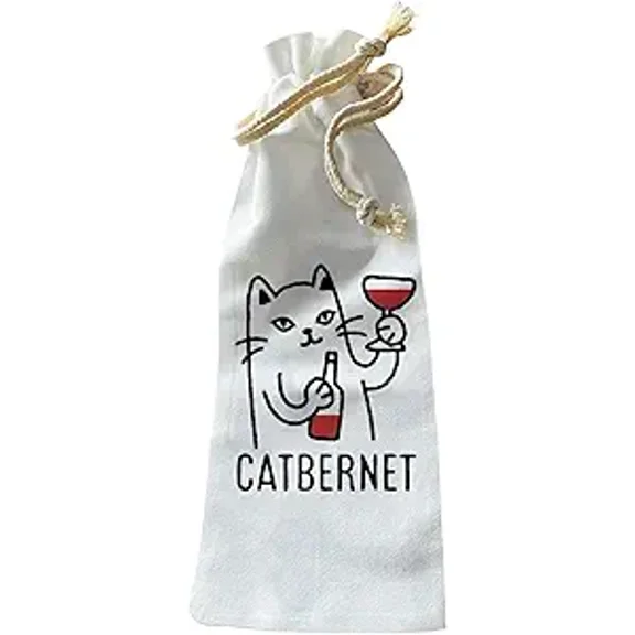 Jolitee Wine Gift Bag – Reusable Canvas Drawstring with Catbernet Cartoon – Whimsical Gift for Cat & Wine Lovers