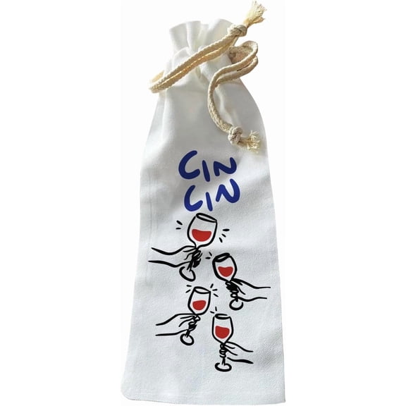 Jolitee Wine Gift Bag – Reusable Canvas Drawstring with “Cin Cin” Toasting Hands – Fun Celebration Gift