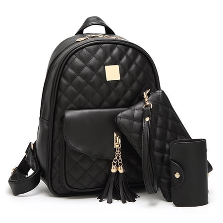 Jollebone Small Backpack 3Pcs PU Leather Backpack Simple Design Travel Bags for Women (Black)
