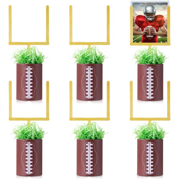 JolliLudo 6 Set Football DIY Centerpiece Decoration Set Football Paper Vase Raffia and Rugby Goal Post Photo Holders with Adhesive Dot Sheets Table Topper Decoration for Sport Game Day Birthday A101