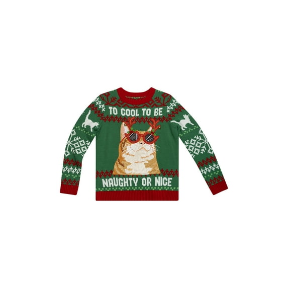 Jollidays Boys' Too Cool Cat Long Sleeve Crewneck Ugly Christmas Sweater, Sizes S-XL