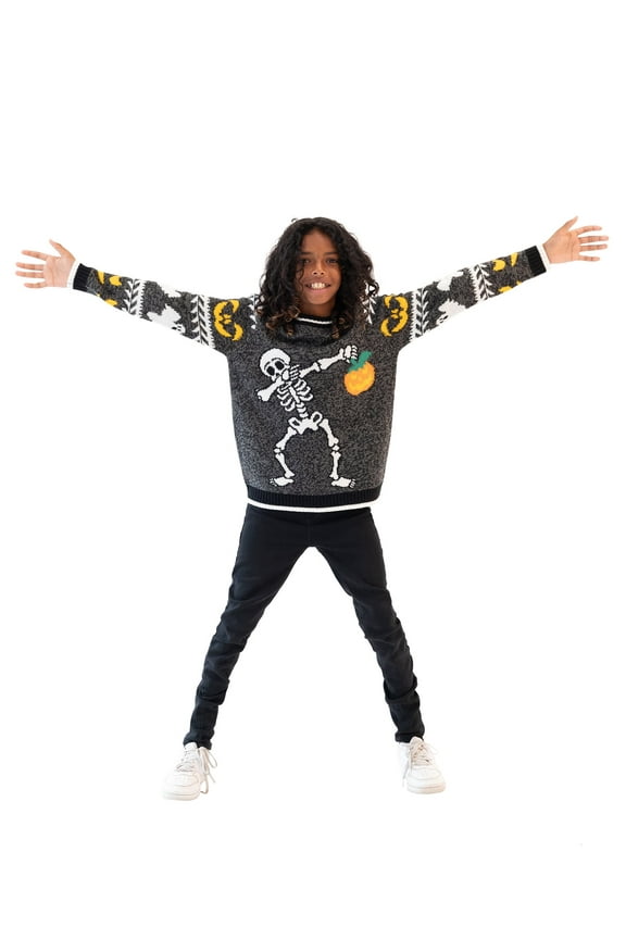 Boys Dabbing Skeleton Halloween Pullover Sweater, Sizes S-XL