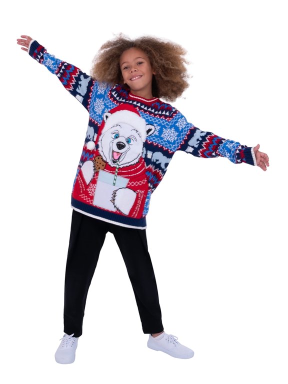 Boys' Holiday Polar Bear Long Sleeve Crewneck Ugly Christmas Sweater with Pocket, Sizes S-XL